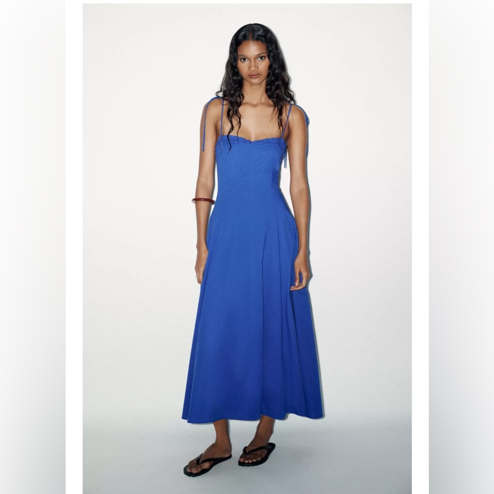 ZARA COTTON POPLIN TIE MIDI DRESS | CORNFLOWER BLUE | L NWT - Picture 2 of 16